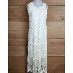 White Lace Long Maxi Dress Sz Large Boho Cottagecore Lined Cotton By Vasna